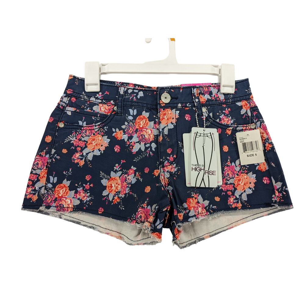 Almost Famous Floral Jean Shorts Juniors 5 Navy Pink High Rise Denim Casual Boho